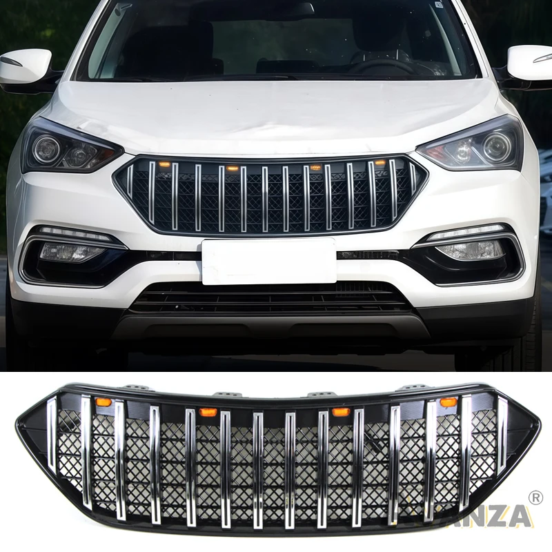 

Chrome/Black Front Grill With Light Fits For 2016-2019 HYUNDAI SANTA FE Grill