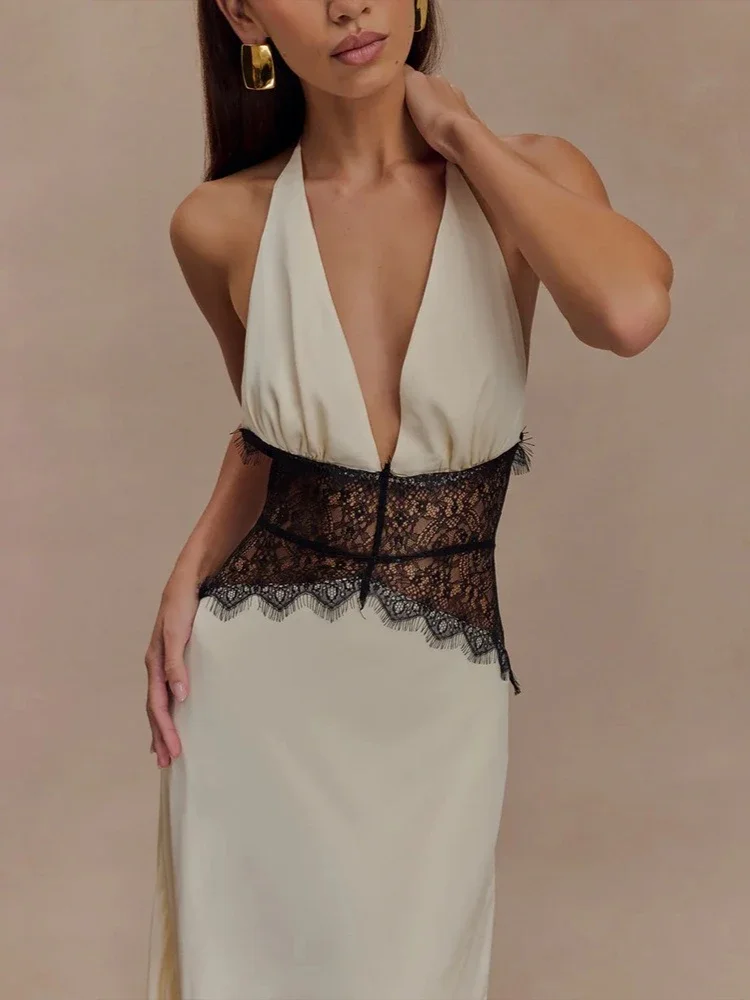 Seksowny głęboki dekolt w serek Backless koronkowy patchwork satynowe sukienki dla kobiet 2025 lato Halter bez rękawów długa, maksi wieczorowa sukienka na imprezę