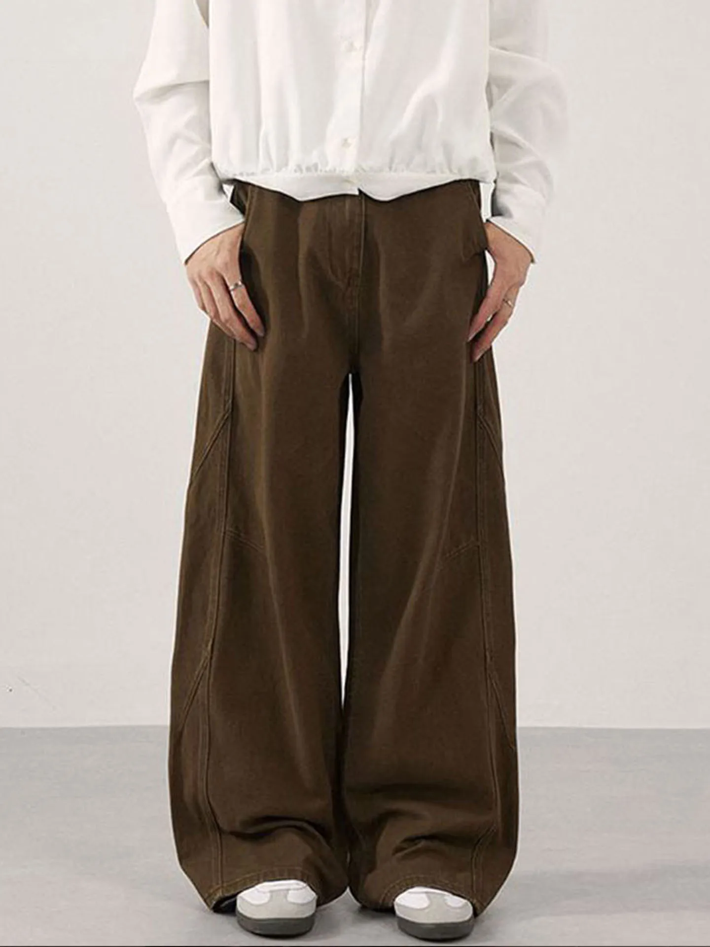 

Retro American Washed Brown Work Trousers Men's Loose Casual Pleated Straight Drapey Pants Women's Casual Cargo Jeans