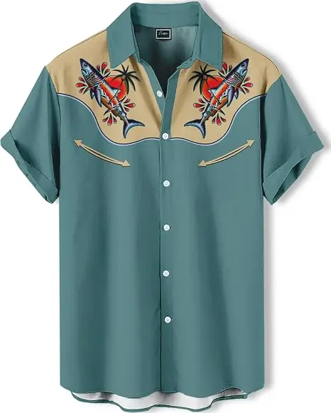 Men's Western Short Sleeve Shirt Retro Shark Mouth Print Teal Beige Color Block Lapel Button Down Casual Streetwear Men Clothing