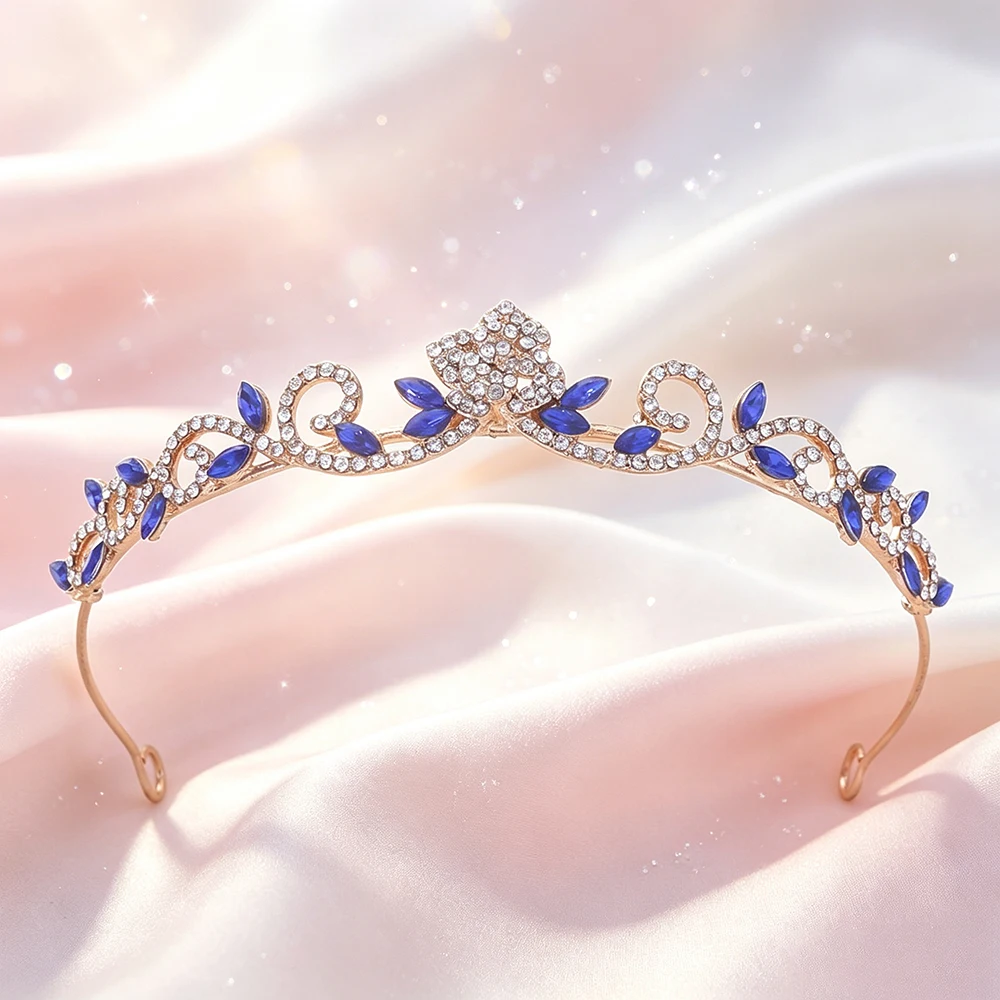 Cute Floral Crystal Tiara Crown Rhinestone Bridal Headband Women Wedding Pageant Sweet 16 Birthday Prom Party Hair Accessories