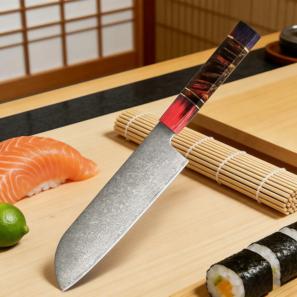 Faca Santoku XITUO em Aço Damasco, Faca de Chef Japonesa Artesanal com Cabo Octogonal, Melhor Faca para Filé de Peixe
