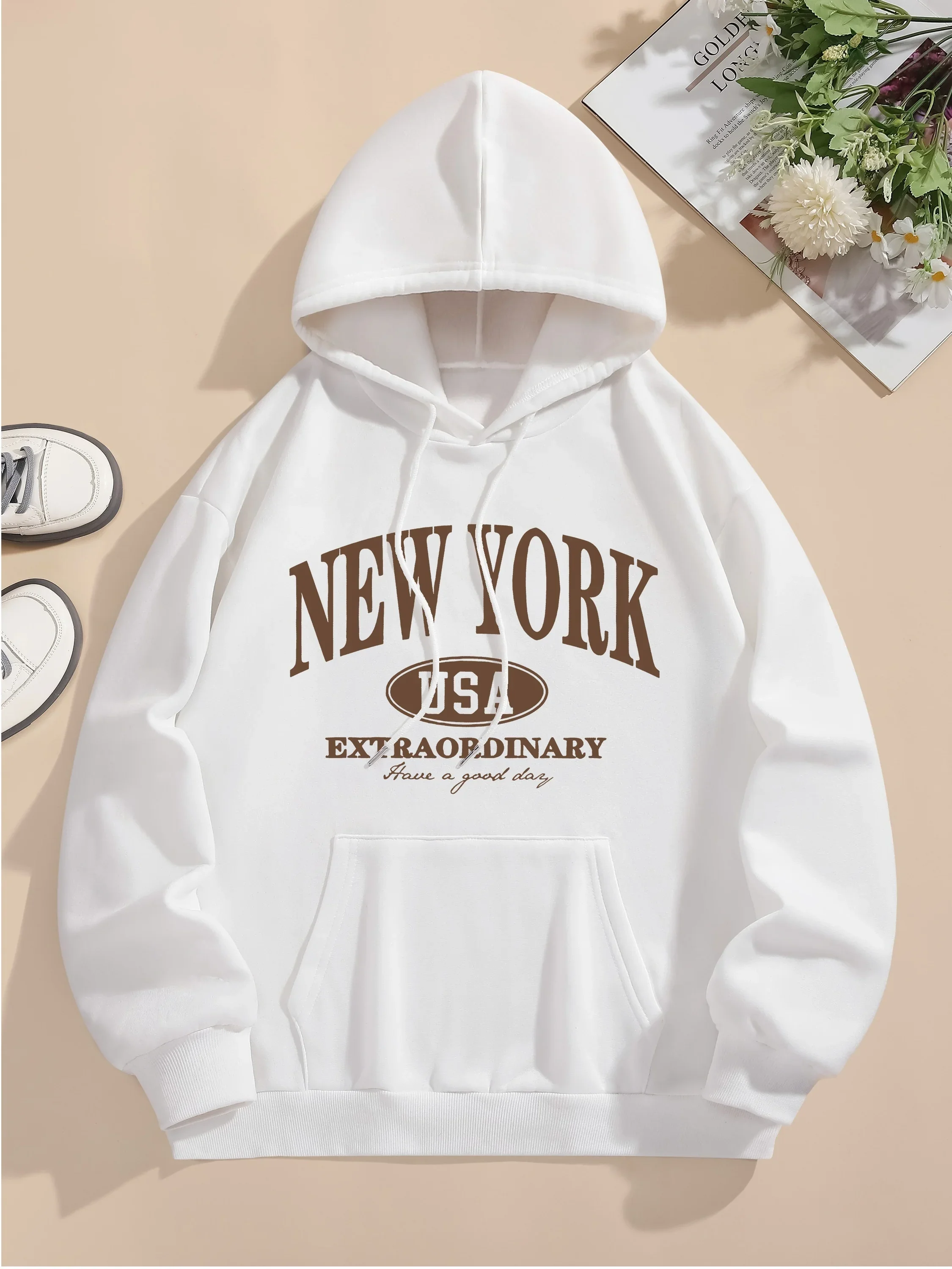 Letter Print Hoodie Drawstring Long Sleeve Casual Hooded Sweatshirt for Women's Oversized Harajuku Pullover Clothing