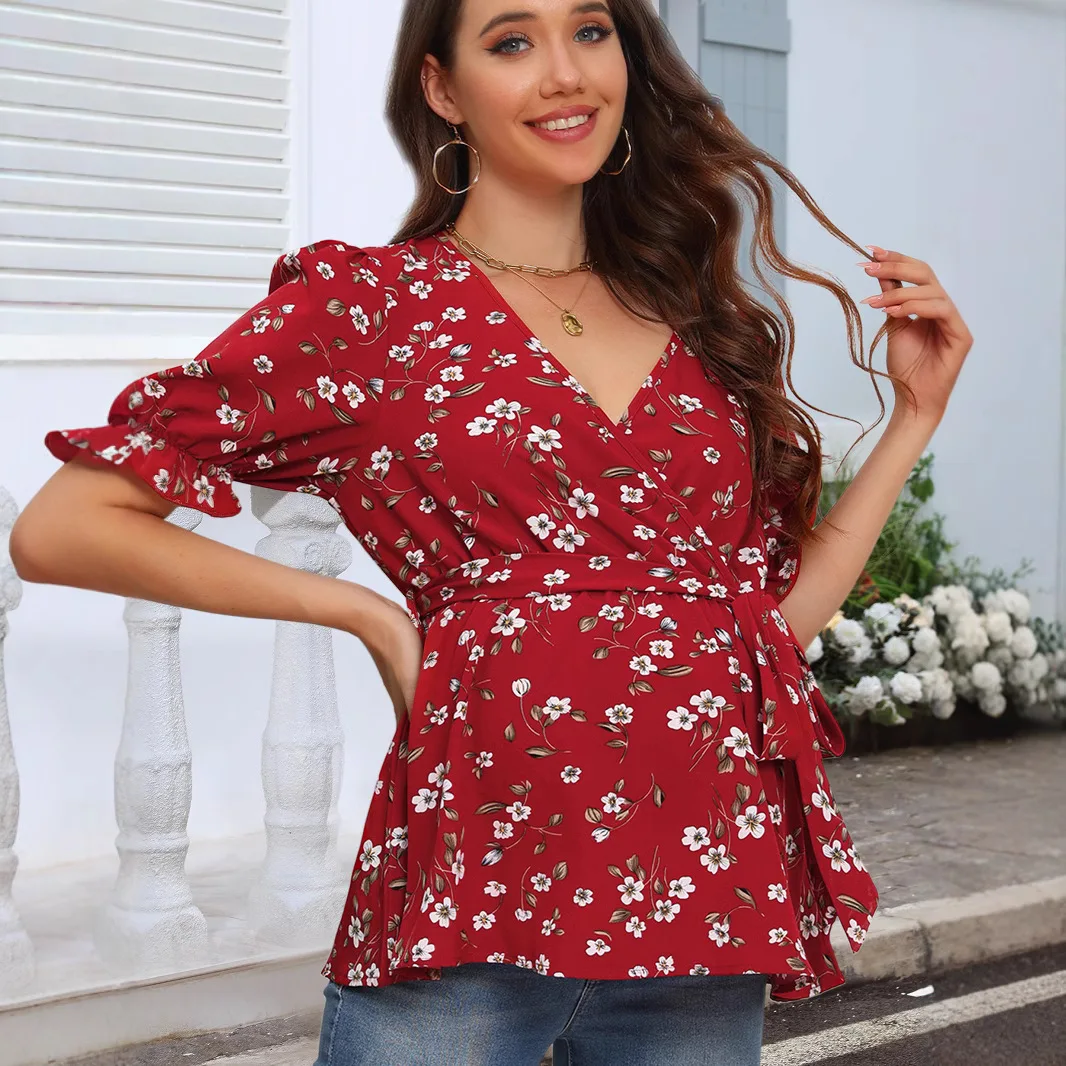 Pregnant Mother V-neck Adjustable Waist Breastfeeding Wearing Top Women Blouse Pregnancy Tops Maternity Tee Shirt for Daily