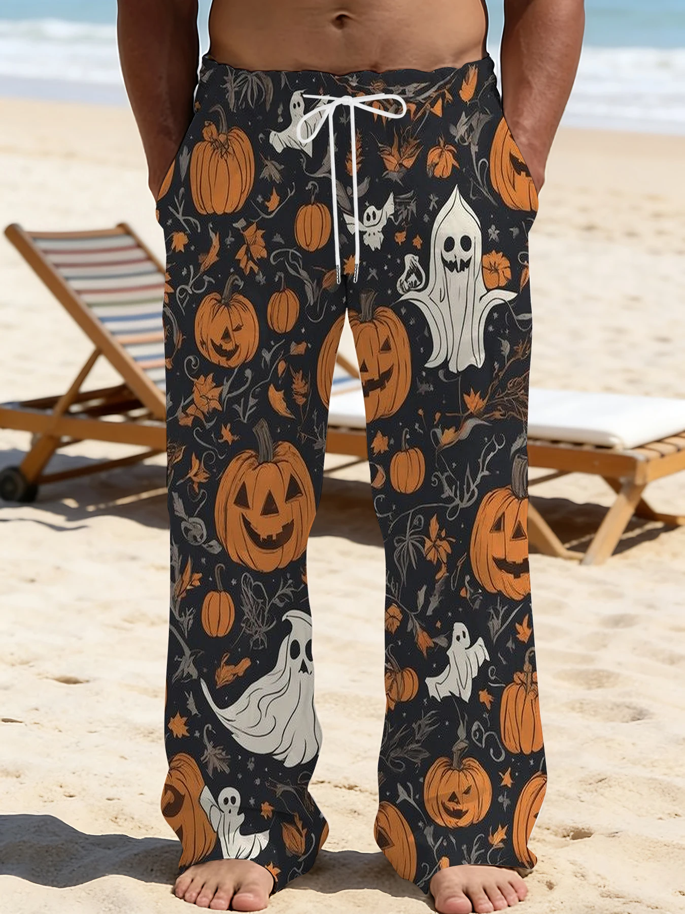 

2026 Men's Printed Straight Leg Pants Abstract Wave Pattern Drawstring Waist Loose Fit Summer Beach Casual Lightweight Pants
