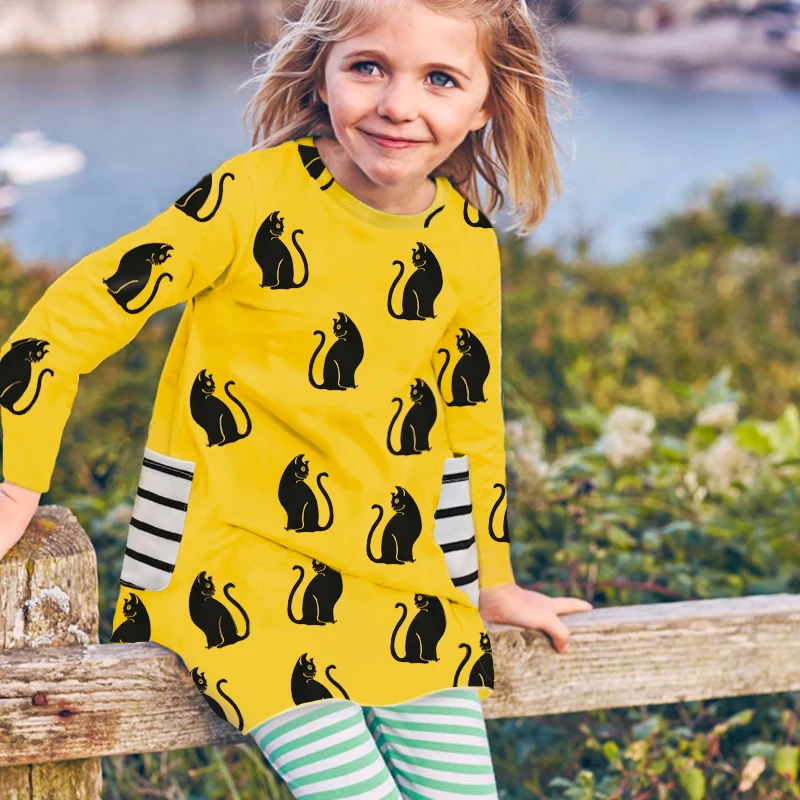 2024 Baby Girls Casual Dress Summer Cotton Black Cat Lovely and Comfort Children Clothes for Toddler Infant Dressing for Girls