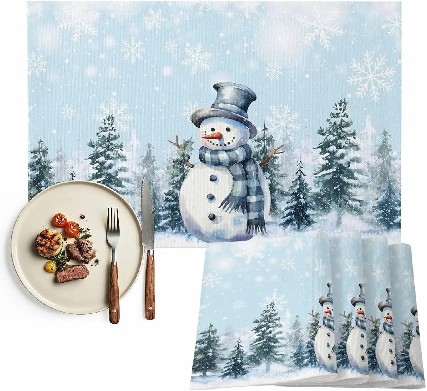 Christmas Light Blue Snowman Table Mats for Kitchen Dining Table Decor Farmhouse Winter Holiday Placemats Christmas Decorations
