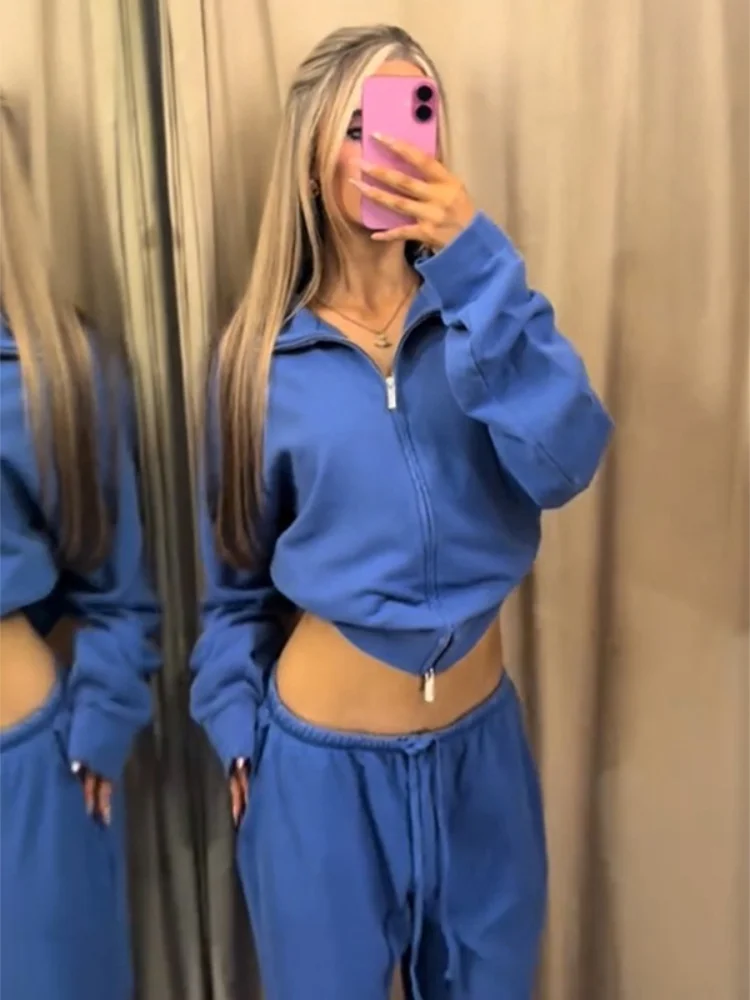 Sport Two Piece Tracksuit Set Zip Up Cropped Stand Collar Sweatshirt Long Sleeve Drawstring Wide Leg Pants Casual Women Outfits