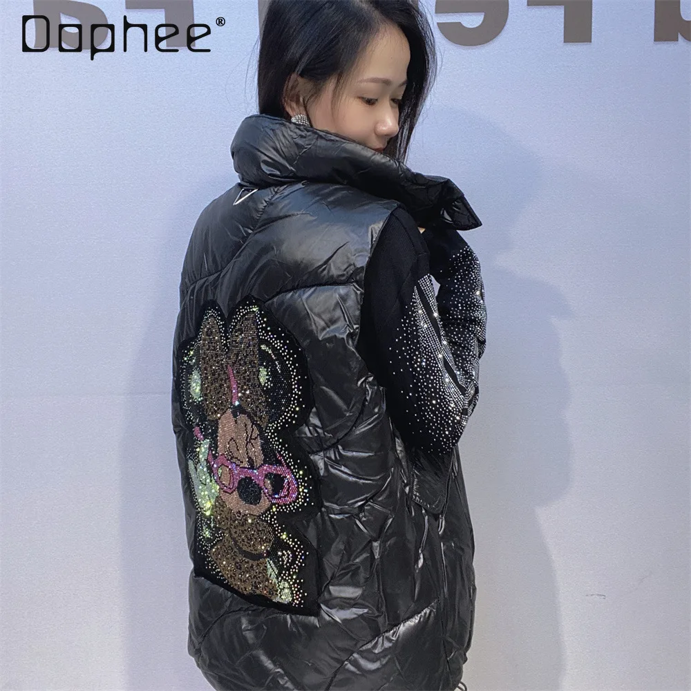 

Fashion Brand Women's Loose Vest Zipper Cardigan Sleeveless Jacket Women Winter New Heavy Craft Rhinestone Cartoon Vest