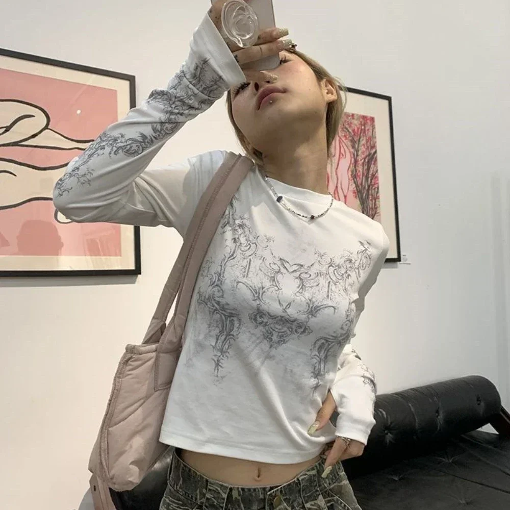 

Винтажная женская одежда, футболки 2023, Blusas, туника с круглым вырезом и длинными рукавами и принтом, женская одежда, модные повседневные укороченные топы, рубашки