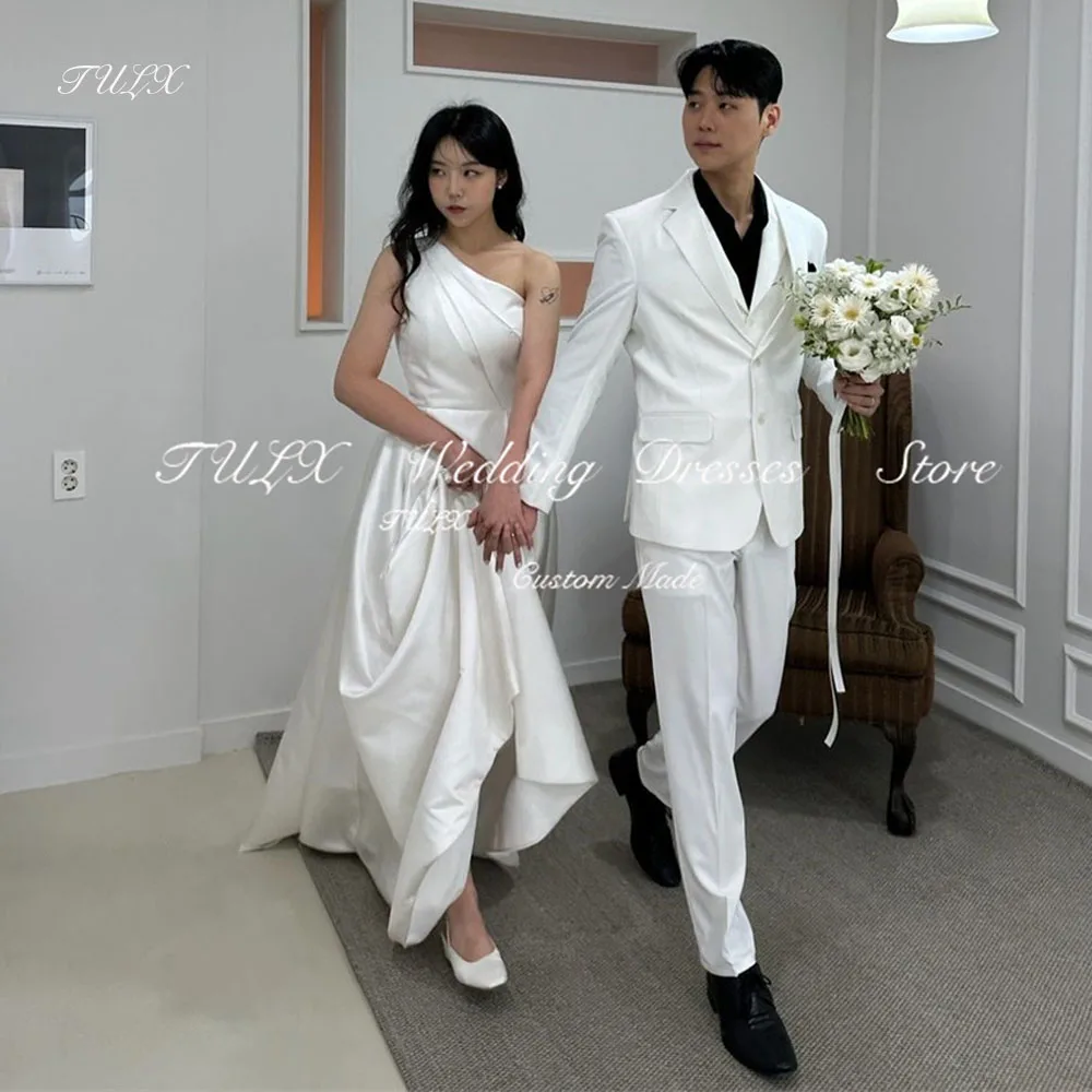 

TULX Simple One Shoulder Pleat Corset Wedding Satin Korea Photo Shoot Dress A line Floor Length Bridal Gowns Custom Made 웨딩드레스