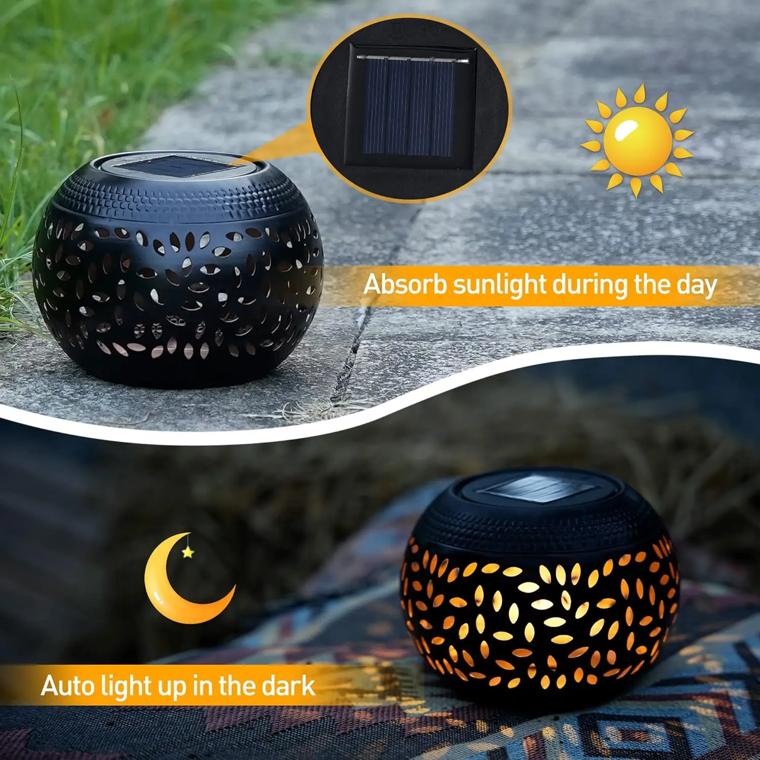 1/2 Pack Solar Lantern Halloween Decorations Outdoor, White/Black/Bronze Metal LED Solar Lantern for Patio Porch Garden