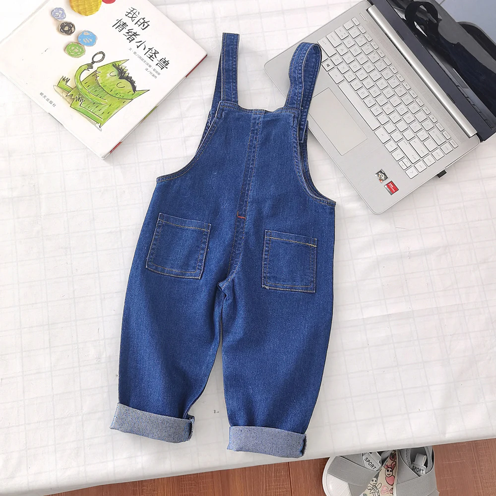 DIIMUU Boy Girl Overalls Kids Denim Pants Casual Dungarees Long Trousers Solid Color Jumpsuit for 2-5 Years