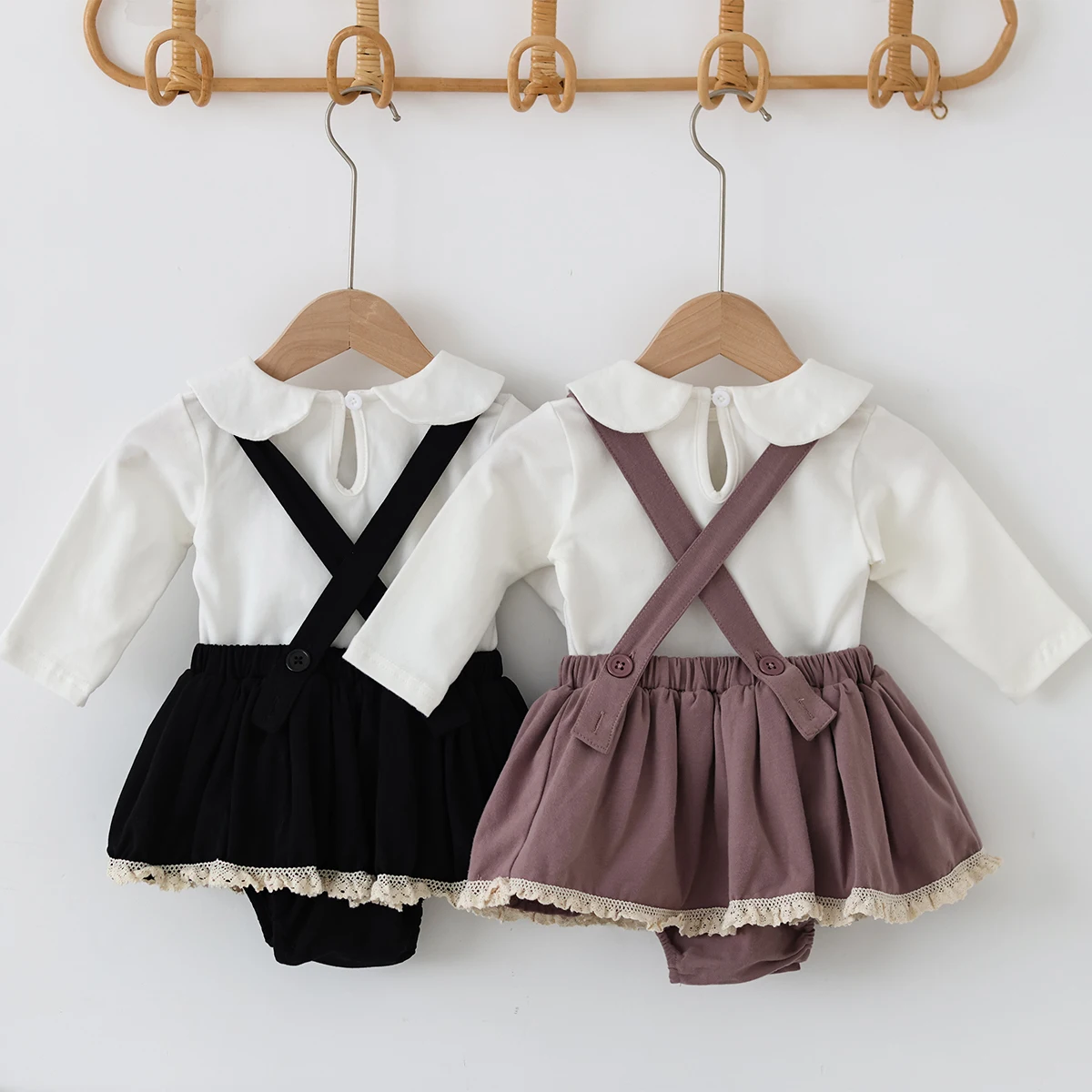 New Girls' College Style suit Children's Korean Style Doll Collar Shirt Lace Strap dress Two-Piece Set