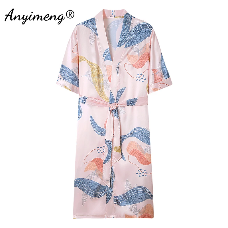 Floral Faux Silk Pijama Summer Nightwear Elegant Womem Silk Robes M-4XL Big Size Satin Robe Causal Short Sleeves Kimono Bathrobe