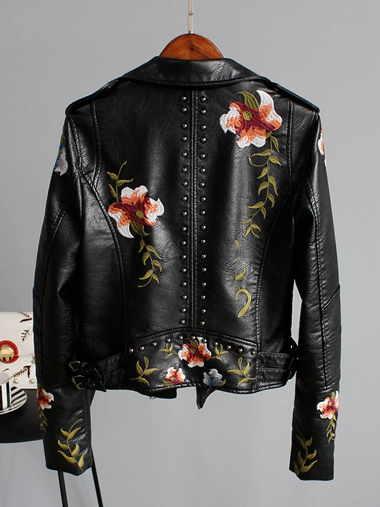 Jaqueta punk preta feminina, estampa floral, bordada, falsa, couro macio, motocicleta, PU