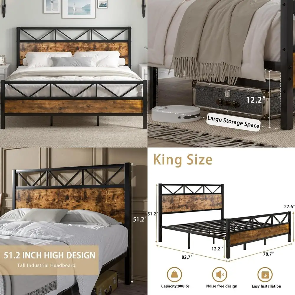 King Size Bed Frame with 51.2 Tall Headboard - Heavy Duty Metal Slats, Platform Style, No Box Spring Needed