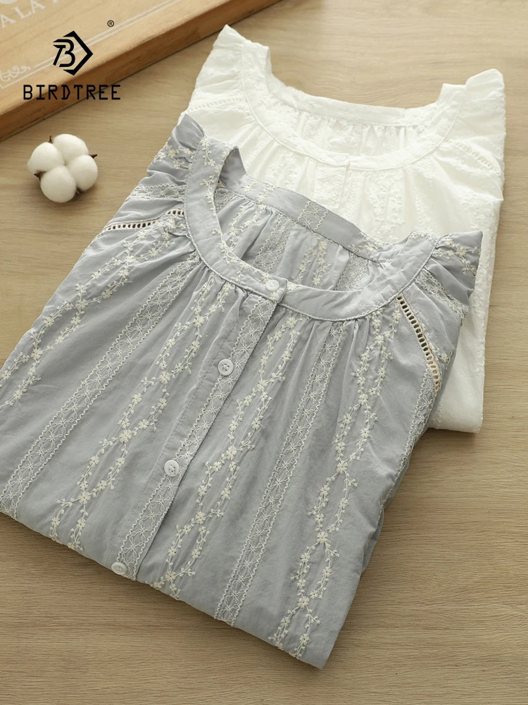 

New 2025 Autumn Cotton Long Sleeve Shirt, Women O Neck Jacquard Embroidery, Mori Girl Age Reduction Chic Loose Blouse T57081CC
