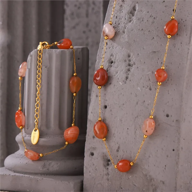 Irregular Real Natural Agate Stone Bead Combining Stainless Steel Necklace Bracelet For Women Luxury Elegant Women's Jewelry Set