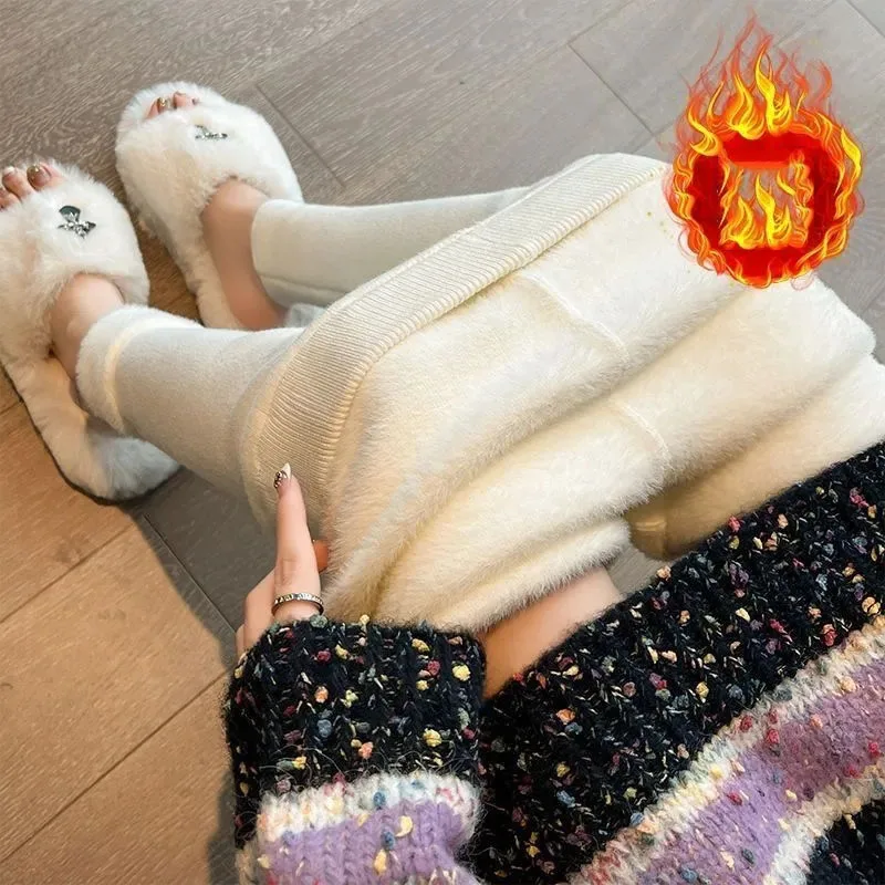 Winter Knitted Women's Warm Leggings Solid Color Plus Velvet Thickened Thermal Insulated Leggings Comfy Elastic Tight Legging