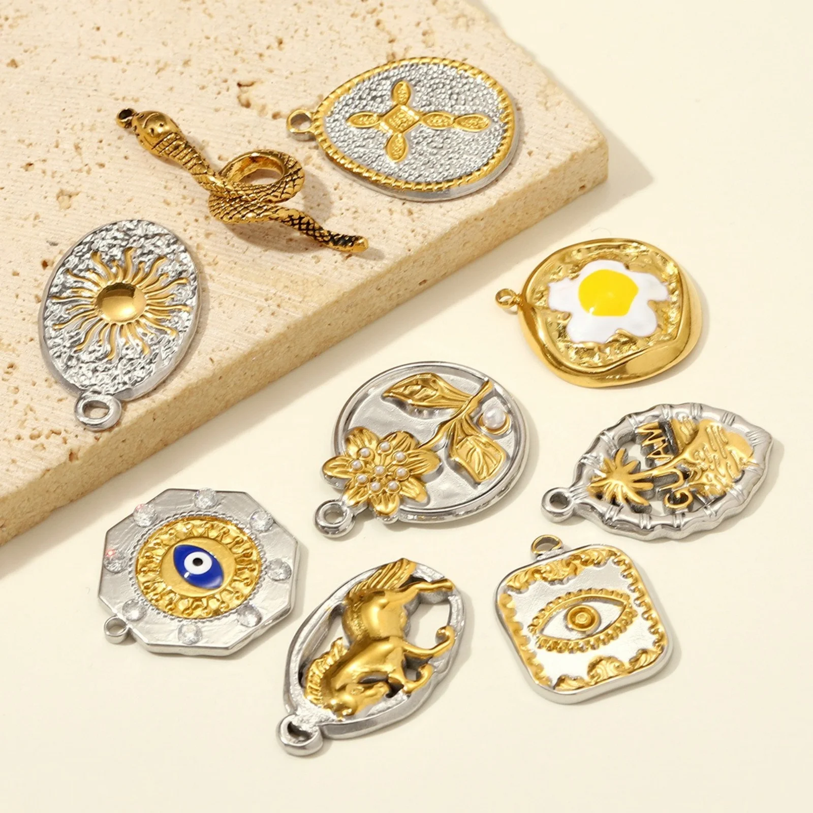 1 Piece 304 Stainless Steel Charms Two Tone Geometric Flower Sun Cross Metal Pendants Fo DIY Necklace Jewelry Making Findings
