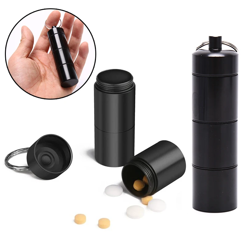 

1PC Portable Aluminum Survival Waterproof Pill Box Container Medicine Storage Case First-Aid Bottle With Key Ring Travel Kits