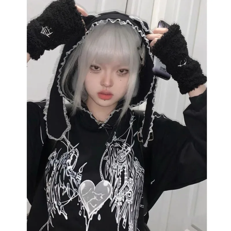 Lace Rabbit Ears Y2k Harajuku Hoodies Streetwear Black Hoodes Sweatshirts Punk Long Sleeve Pullover For Women