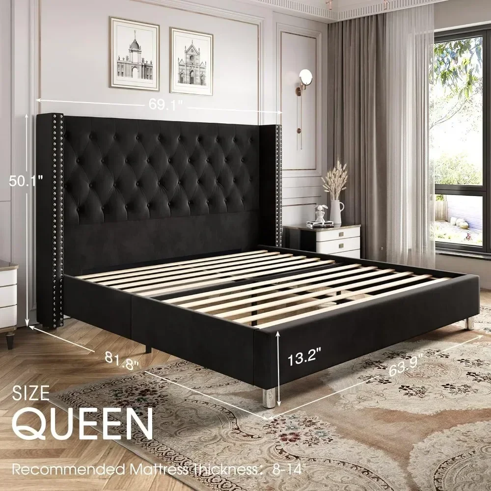 Queen and King size Bed Frame, Upholstered Beds Velvet Low Profile Platform Beds with Raised Wingback Headboard, Bed Frame