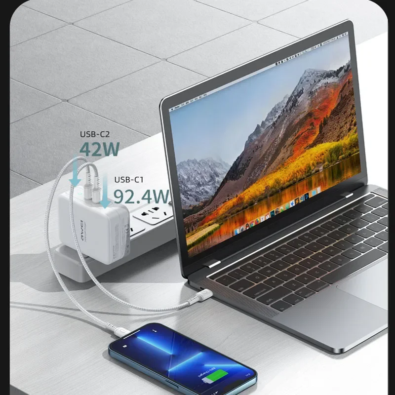 Pengisi Daya Ponsel Awei PD22 140W GaN Pengisi Daya Cepat Output USB C Pengisi Daya Cepat Tipe C Ganda 3A/5.2V untuk Ponsel IOS /Android