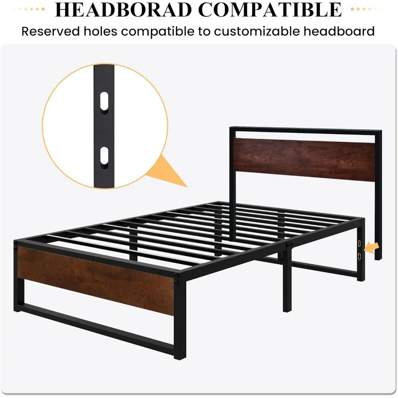 14 ''Twin Metalen Platform Bed Frame Met Hout En Omgekeerde Gaten, Voldoende Opbergruimte Onder Het Bed, Matrasfundering, Geen Boxspring Nodig