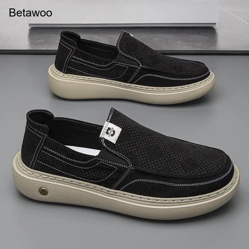 Mens Beige Breathable Slip On Casual Shoes Hollow Out Thick Sole Loafers