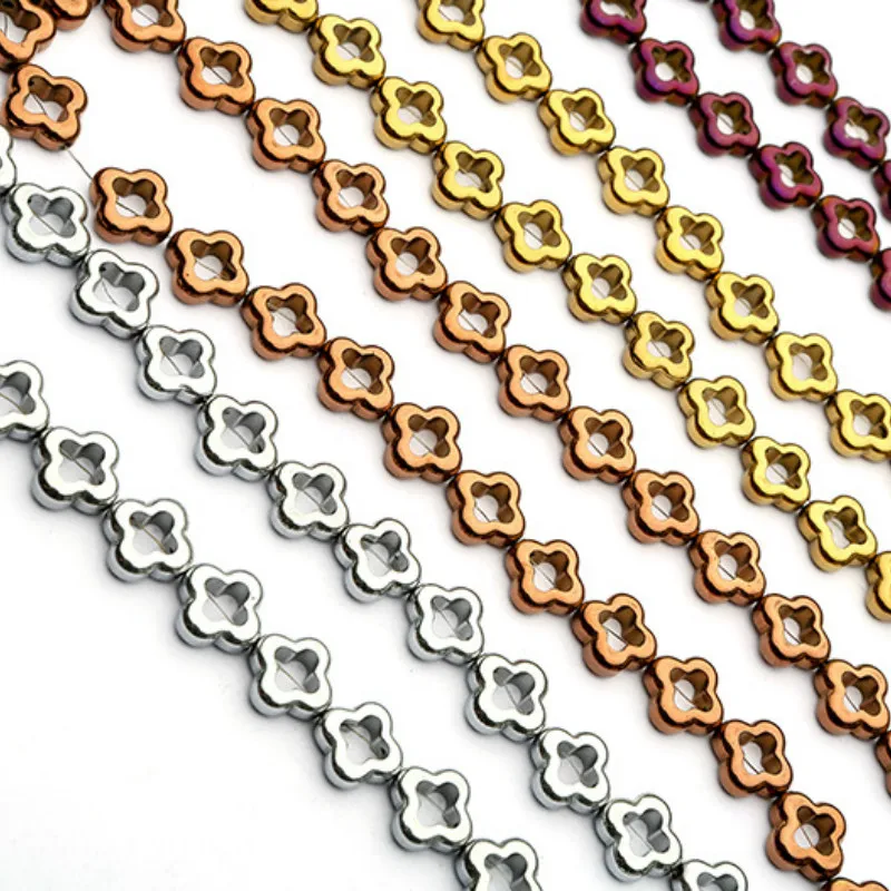 12mm Natural Stone Hematite Colorful Plating Four-leaf Clover Highgrade Handmade Jewelry Making DIY Bracelet Necklace Parts 15\'\'