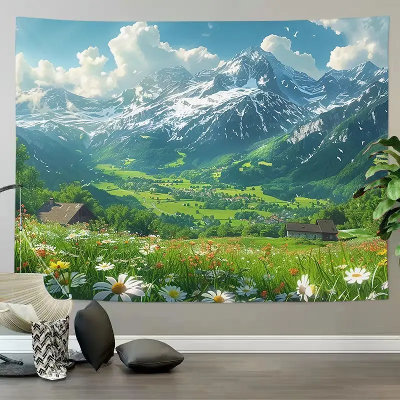 VIKAMA Anime Windmill Countryside Scenery Tapestry, HD Wear-Resistant Fabric Wall Hanging for Living Room Decor