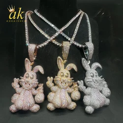 Aokaishen Prong Rabbit Necklace Pendant for Women Cubic Zirconia Real Copper Iced Out Charm Hip Hop Jewelry