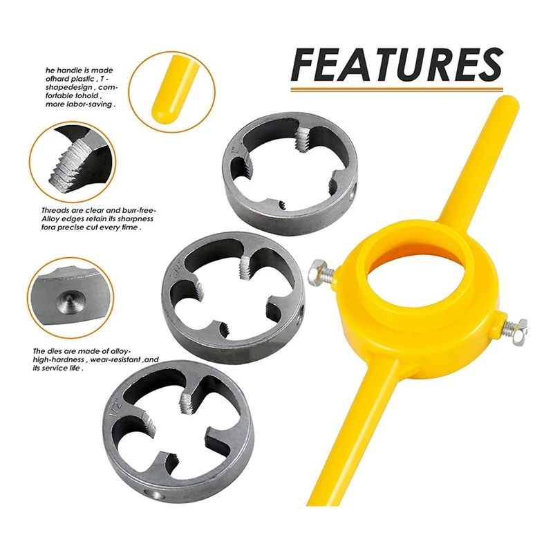 6 Piece PVC Thread Maker Tool, Yellow Metal With 1/2 Inch 3/4 Inch 1 Inch Dies Reusable PVC Pipe Threader Plumbing