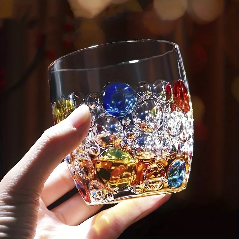 1pc 300ml Colorful Bubble Pattern Embossed Glass Cup Perfect for Whisky Water and Summer Winter Drinks Drinking Glasses Gift