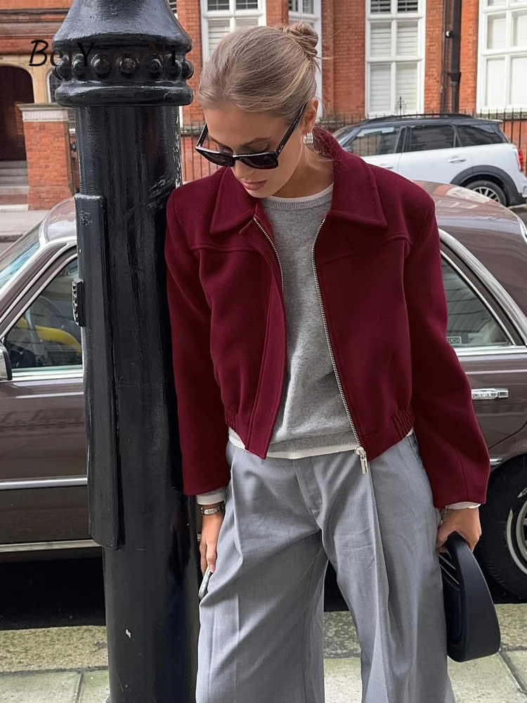 

Beiyingni осенне-зимние бордовые куртки женские однотонные 2025 женские короткие пальто на молнии с отложным воротником свободные повседневные куртки BF