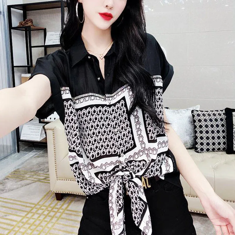 Korean Casual Chiffon All-match Blouses Summer New Style Fashion Printing Lacing Short Sleeve Shirt 2023 New Women\'s Clothing