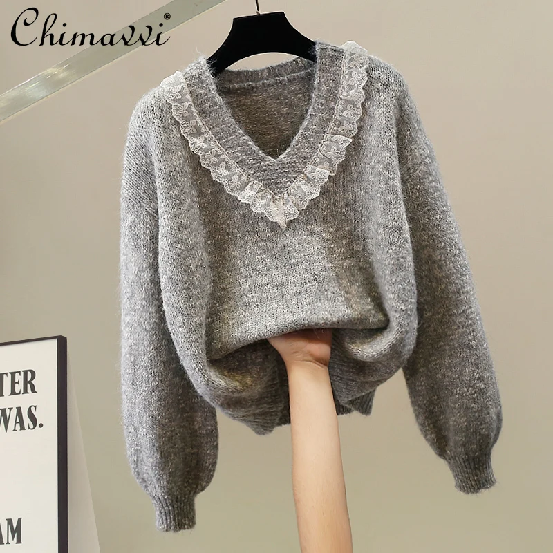

Корейский модный свитер с плотной кружевной строчкой, осенне-зимний новый женский свободный элегантный пуловер с v-образным вырезом и длинными рукавами, вязаный топ