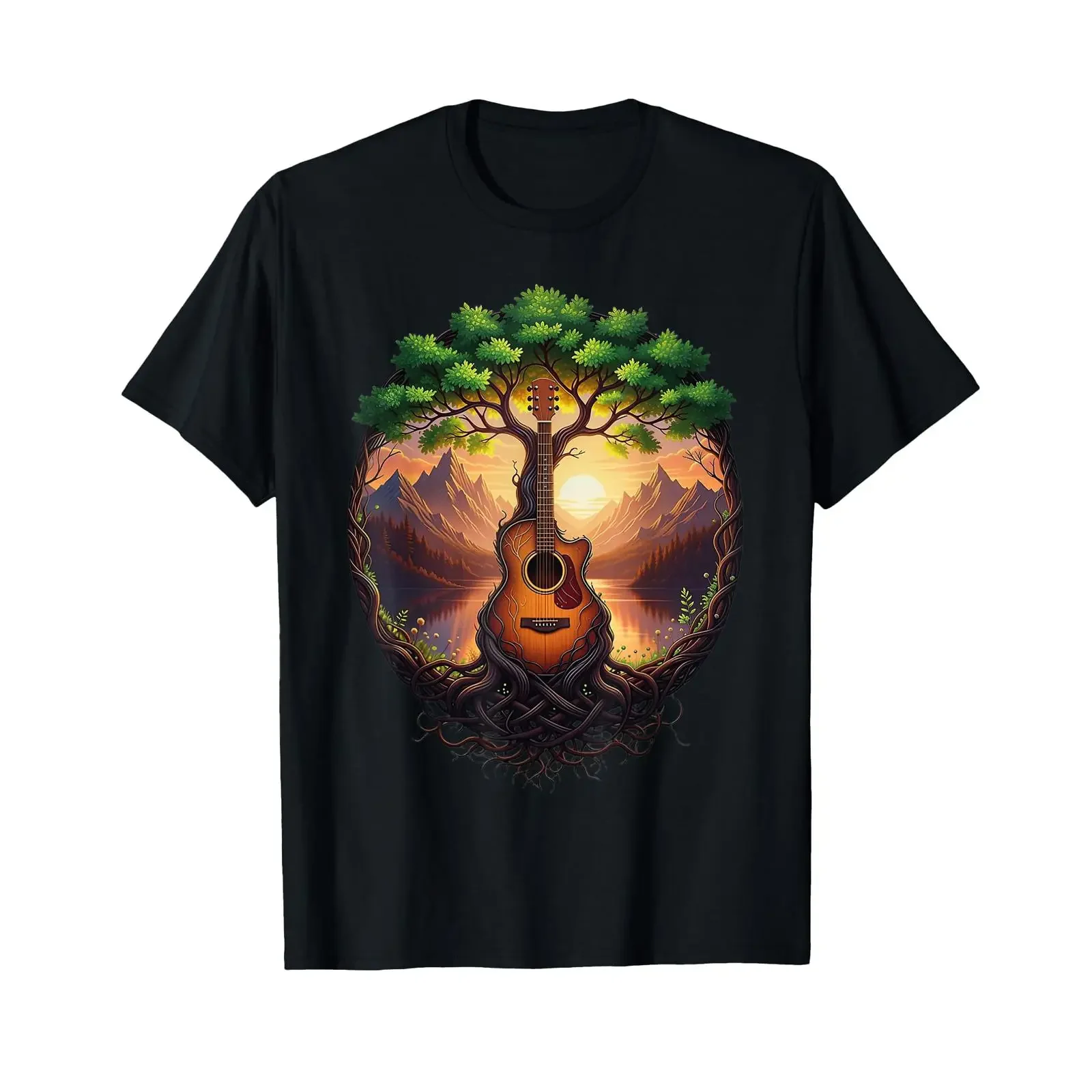 Akustische Gitarre, Baum am See, Naturszene bei Sonnenuntergang, Gitarrist, T-Shirt, Vintage-Look, gewaschen, stilvoll, dehnbar, Unisex, leicht bequem.