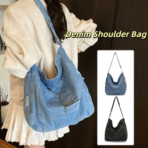 Imagen 2 del producto Bolso de hombro vaquero Vintage a la moda, bolso Hobo versátil de gran capacidad, bolso cruzado con cremallera, bolsos para mujeres y hombres