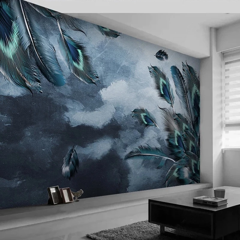 Custom 3D Wallpaper Blue Peacock Feather Art Bedroom Study Mural Living room sofa TV background wall restaurant Hotel photo 8d