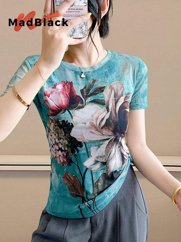

MadBlack-женская европейская футболка, сексуальный круглый вырез с цветочным принтом, клубная одежда, тонкая сетчатая футболка с короткими рукавами S-3XL, новинка лета 2025 T57666CC