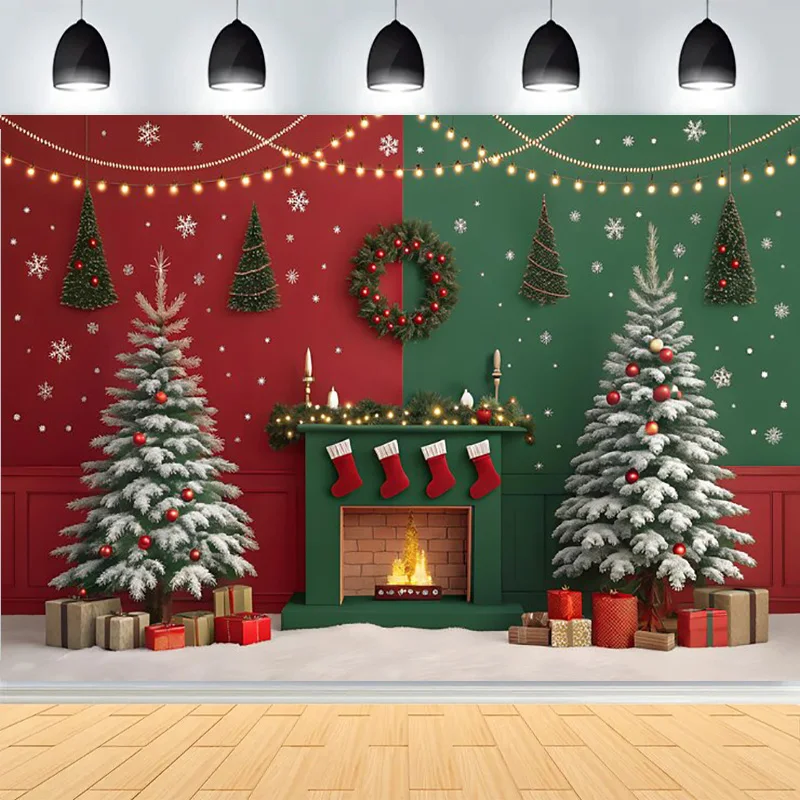 

Christmas Day New Year Photography Backdrops Fireplace Xmas Trees Gifts Snow Winter Holiday Party Deco Photo Background XU-02