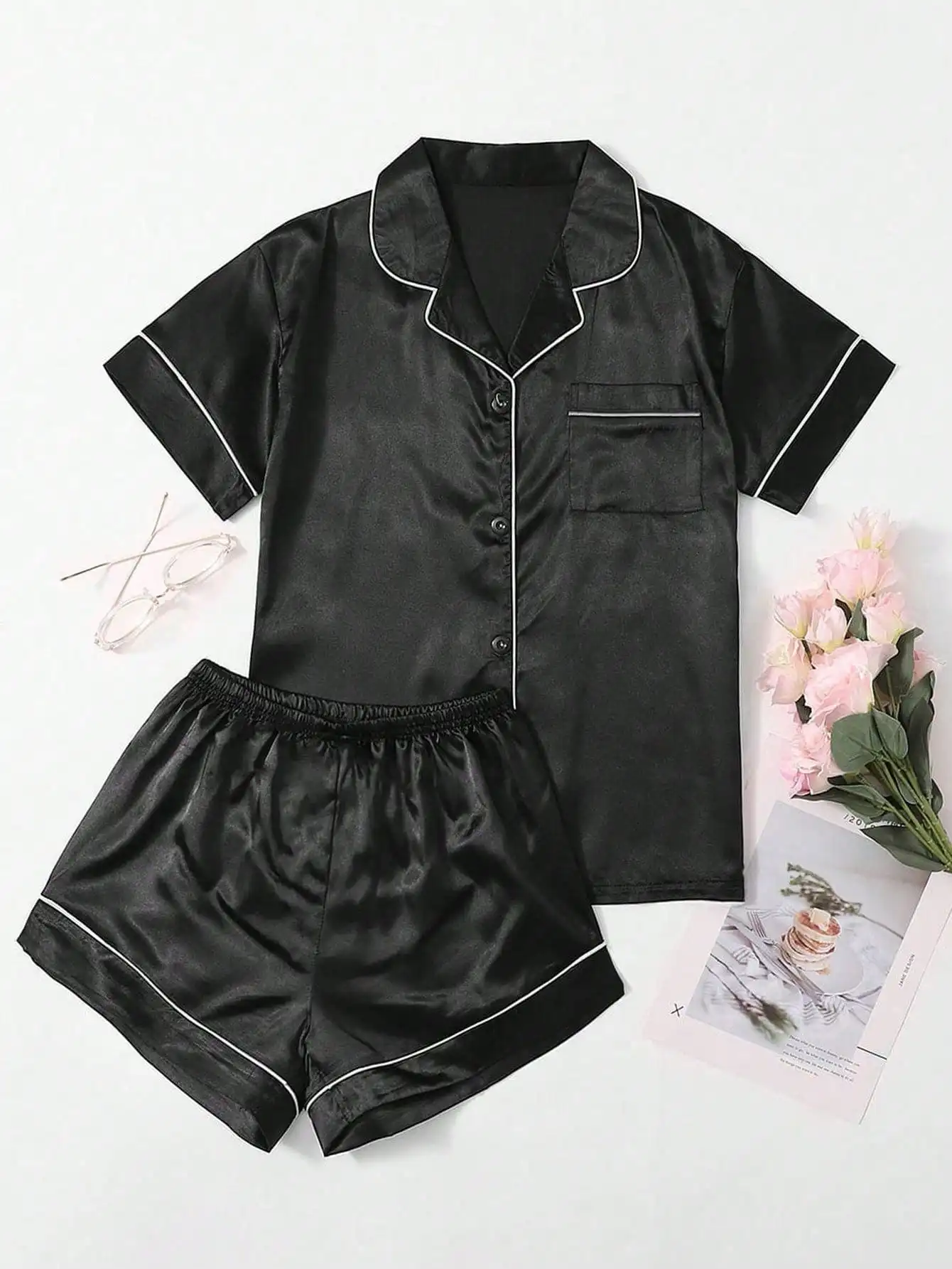 

Black Satin Pajama Set with White Contrast Piping, Short Sleeve Top and Shorts for Women