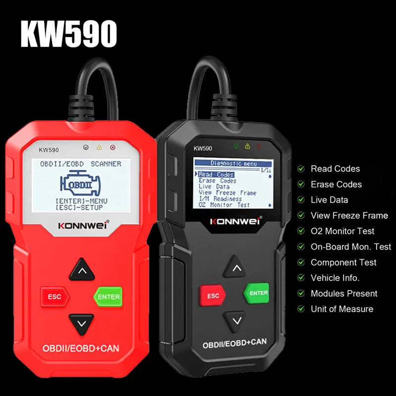 

KONNWEI KW590 OBD2 Автомобильные диагностические инструменты поддерживает языки автомобилей/грузовиков мультибрендов 12 В Auto OBD 2 считыватели кодов OBDII сканер