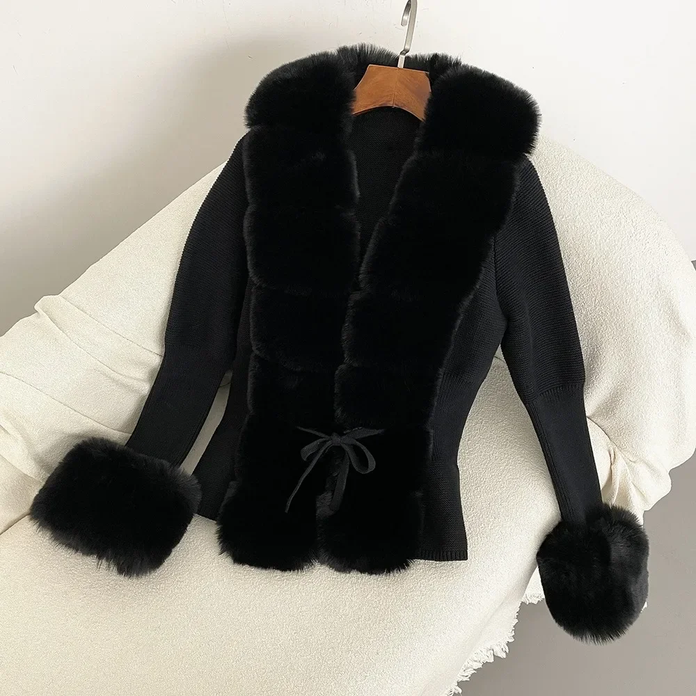 2024 Luxury Fur Cardigan Knit Winter Sweater Women Elegant Detachable Fur Belt White Pink Black Womens Cardigan Korea Style