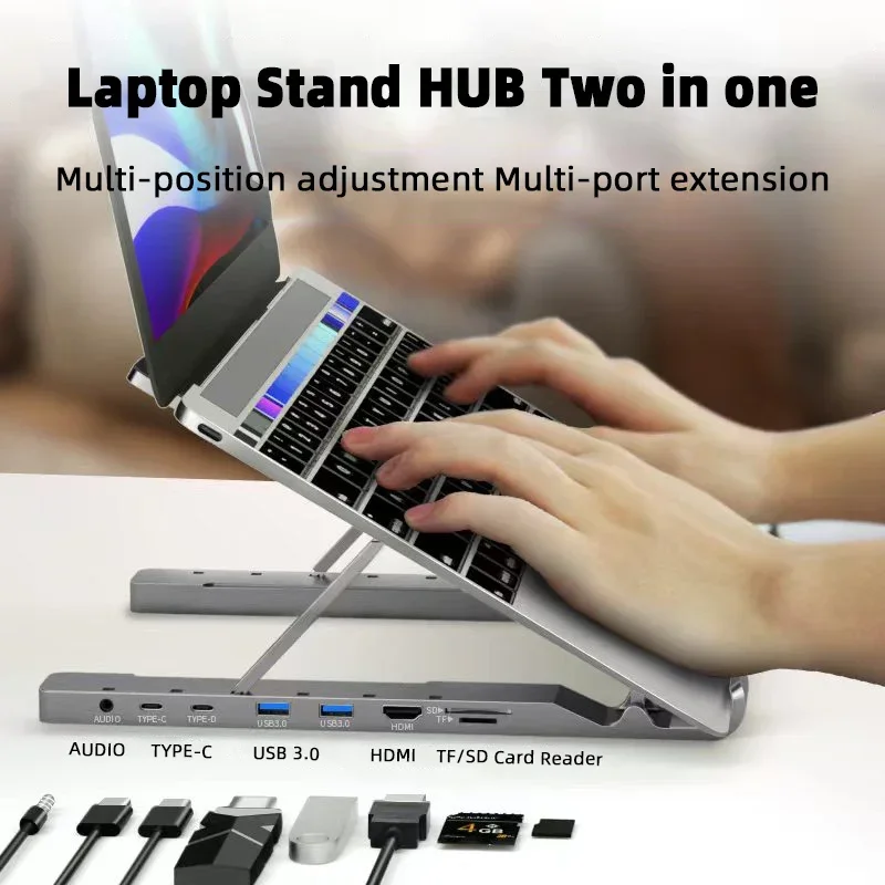 8 Port USB C HUB USB3.0 SD TF Card Foldable Laptop Stand Aluminum Notebook Riser Desktop Laptop Cooling Stand for MacBook Dell