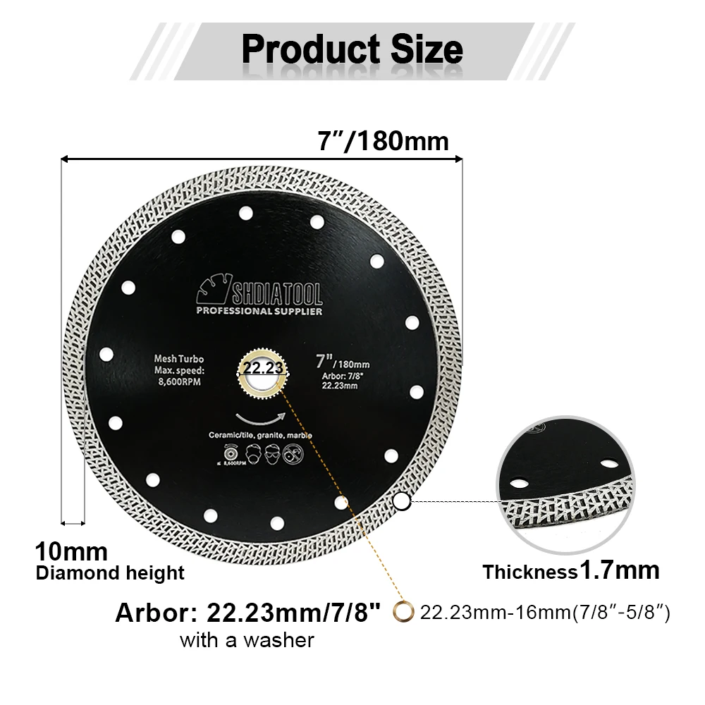 Imagem -06 - Shdiatool Disco de Corte de Diamante Sinterizado Peças Dia 180 mm Prensado a Quente Turbo Serra de Diamante Lâmina de Mármore Granito Telha de Cerâmica