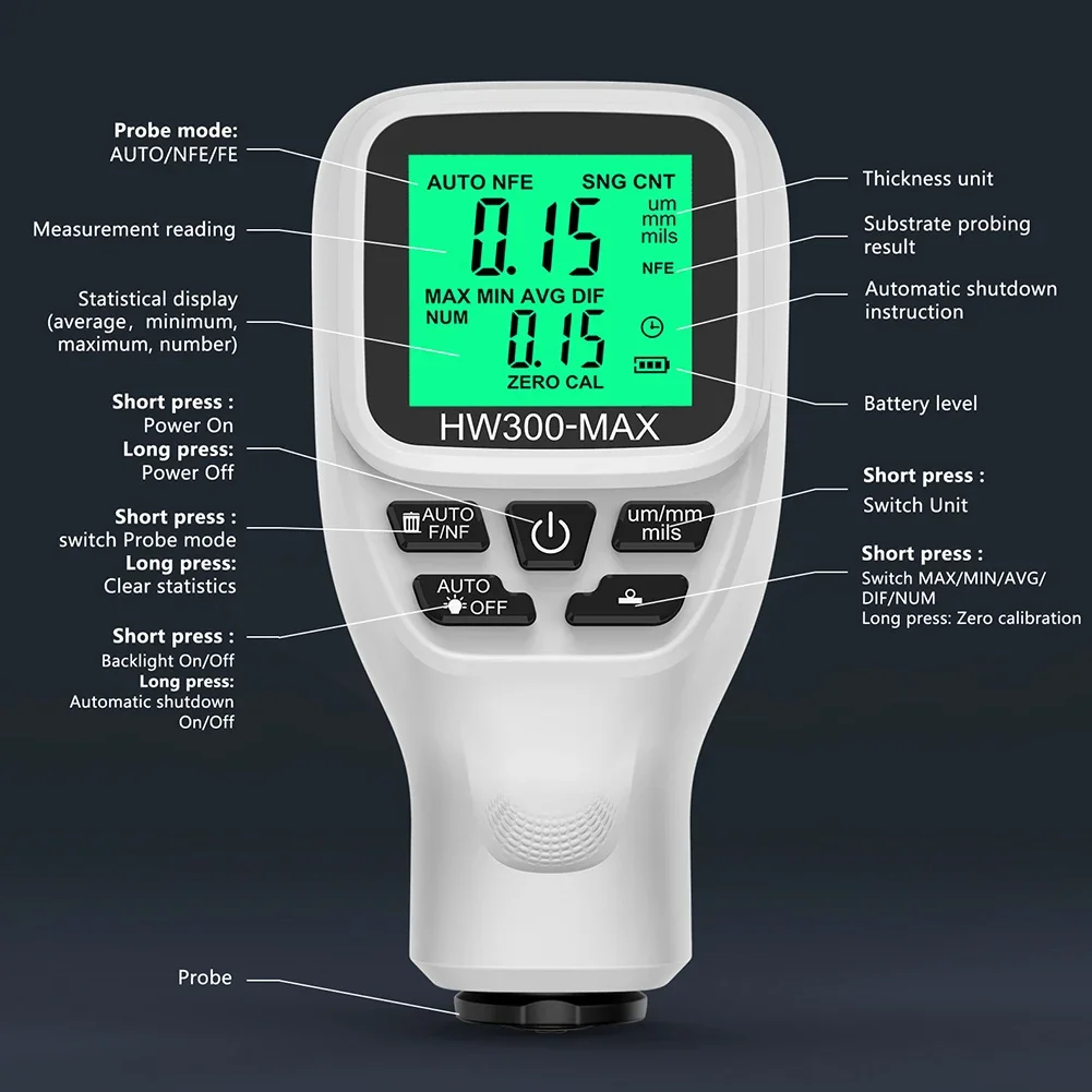 HW-300MAX Coating Thickness Gauge 0-2000UM Fe & NFe Car Paint Film Automatic Thickness Gauge Car Paint Thickness Tester